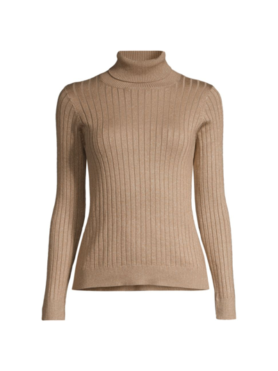 Majestic Women's Rib-knit Metallic Cotton-blend Turtleneck Sweater In Camel