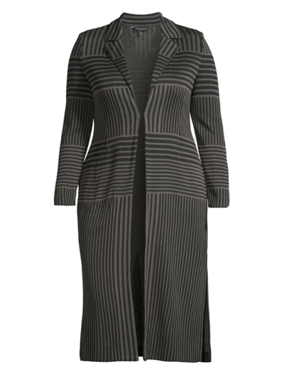 Ming Wang, Plus Size Women's Long Jacquard-knit Coat In Black Granite