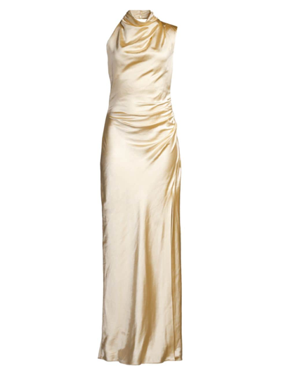 Misha Women's Constantina Satin Ruched Asymmetric Maxi Dress In Soft Gold