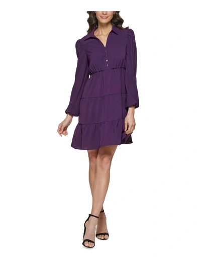 Kensie Womens Tiered Puff Sleeve Shift Dress In Purple