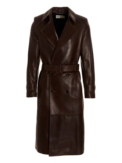 Saint Laurent Double-breasted Leather Trench Coat Coats, Trench Coats Brown