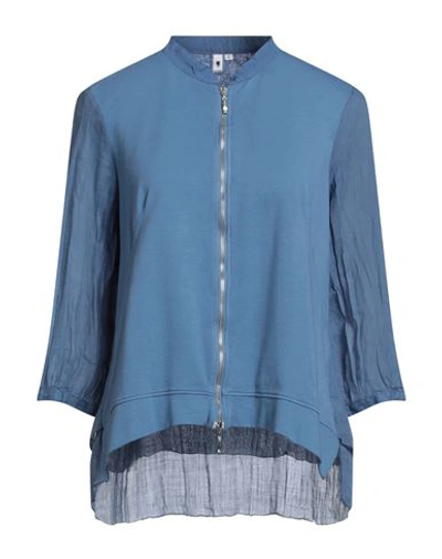 European Culture Woman Sweatshirt Slate Blue Size L Ramie, Cotton, Lycra