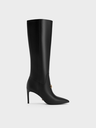 Charles & Keith Gabine Leather Heeled Knee-high Boots In Black