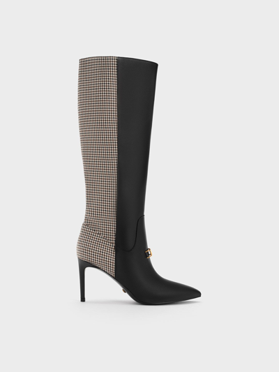 Charles & Keith Gabine Leather Checkered Heeled Knee-high Boots In Multi