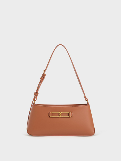 Charles & Keith Gabine Leather Trapeze Shoulder Bag In Cognac