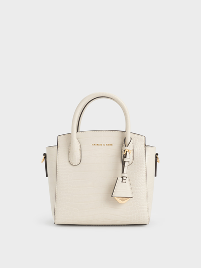 Charles & Keith Croc-effect Trapeze Tote Bag In Ivory