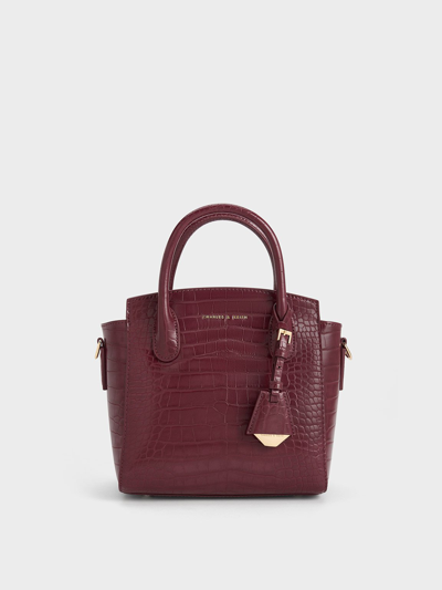 Charles & Keith Croc-effect Trapeze Structured Tote Bag In Burgundy