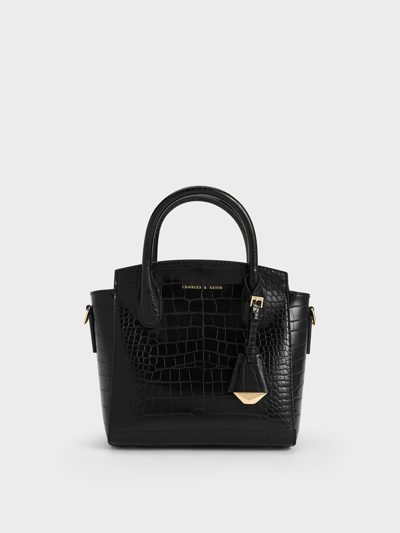 Charles & Keith Croc-effect Trapeze Tote Bag In Black