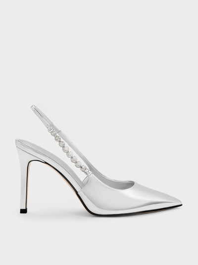 Charles & Keith Gem-strap Metallic Slingback Pumps In Silver