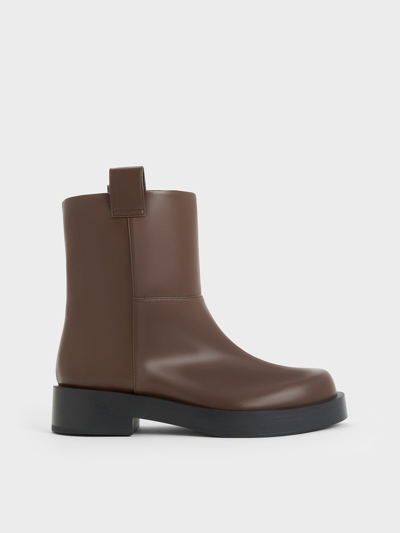 Charles & Keith Double Pull-tab Ankle Boots In Dark Brown