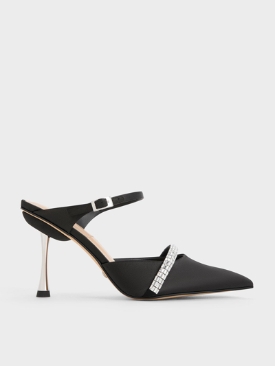 Charles & Keith Demi Recycled Polyester Embellished Pointed-toe Mules In Black Textured