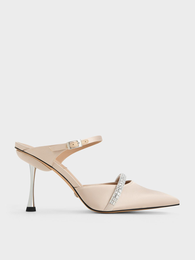Charles & Keith Demi Recycled Polyester Embellished Pointed-toe Mules In Cream