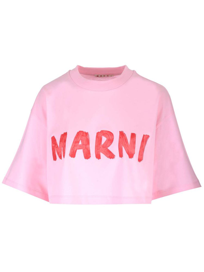 Marni Logo Printed Cropped T In Pink