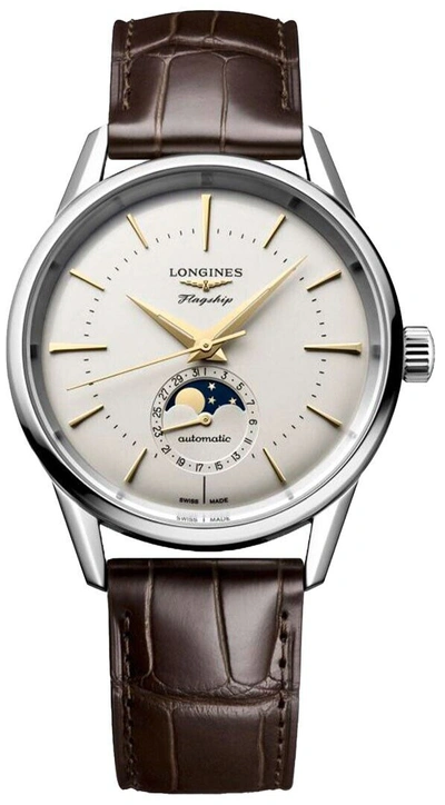 Pre-owned Longines Heritage Flagship Moonphase 38.5 Mm Steel Brown Strap L4.815.4.78.2