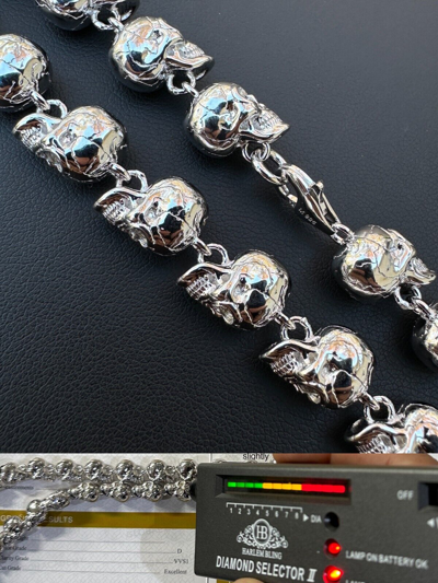 Pre-owned Silver Custom Solid 925 Sterling  Skull Death Link Chain Necklace W. Moissanite