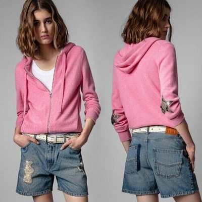 Pre-owned Zadig & Voltaire $498  Cassy Star Patch Cashmere Zip Hoodie Cardigan Size M In Pink