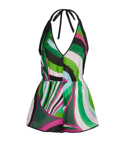 Emilio Pucci Abstract-print Plunging Halter Shorts Jumpsuit In Verdefuxia