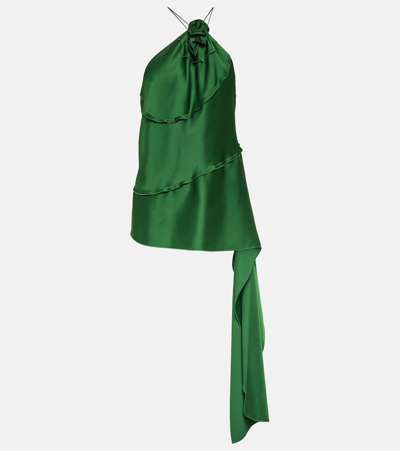 Victoria Beckham Floral-appliqué Draped Satin Top In Green