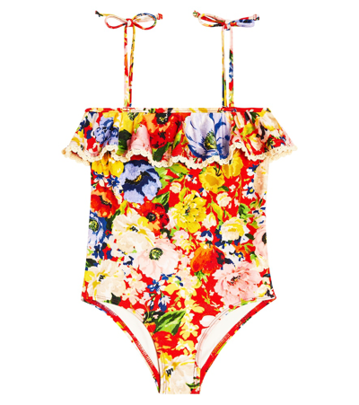 Zimmermann Kids' Girl's Alight Floral-print Frill One-piece Swimsuit In Multicolore