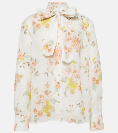 Zimmermann Pussy-bow Floral-print Ramie Shirt In Multi
