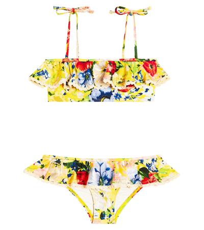 Zimmermann Kids' Girl's Alight Frill-trim Bikini Set In Yellow Floral