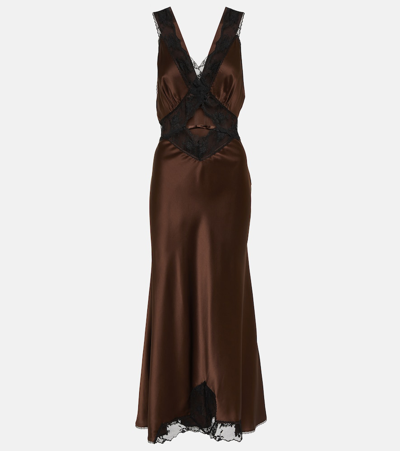 Sir Aries Lace-trimmed Halterneck Silk Gown In Brown