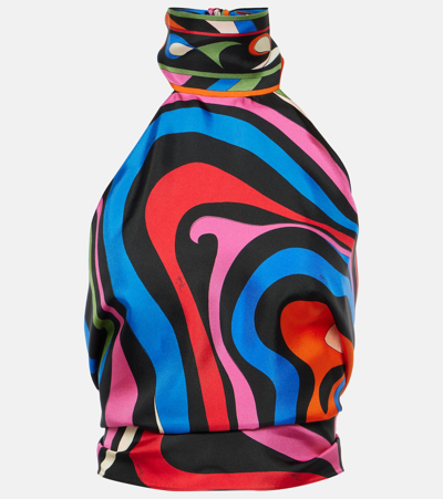 Pucci Marmo Cropped Halterneck Silk Top In Multicoloured