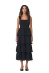 Ganni Pleated Georgette Flounce Smock Midi Dress In Black
