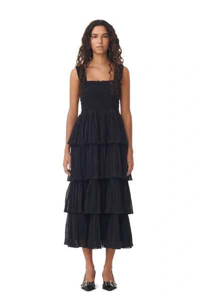 Ganni Pleated Georgette Flounce Smock Midi Dress In Black