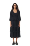 Ganni Black Pleated Georgette Flounce Smock Midi Dress In Black