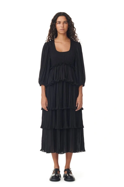 Ganni Black Pleated Georgette Flounce Smock Midi Dress