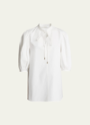 Chloé Cotton Keyhole Puff Sleeve Tie Neck Top In Buttercream