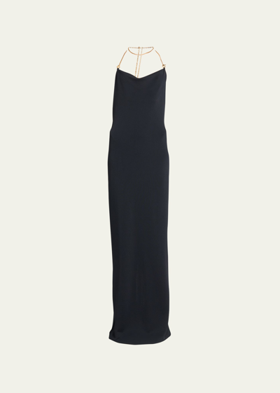 Bottega Veneta Backless Column Gown With Chain Detail In Nero