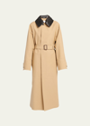 BOTTEGA VENETA WATERPROOF COTTON BELTED TRENCH COAT WITH LEATHER COLLAR