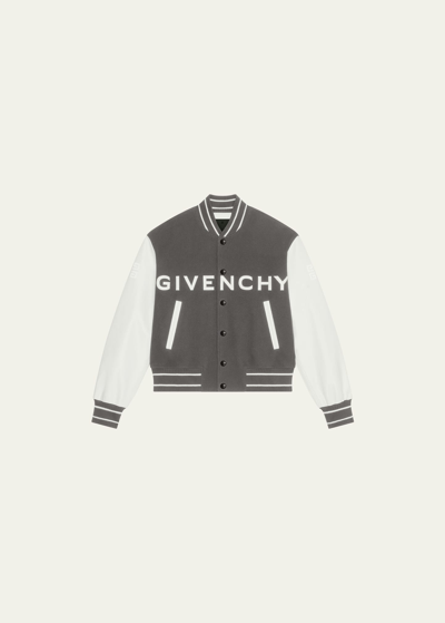Givenchy Grey Green And White Bomber Jacket In Wool And Leather In Greyish Green