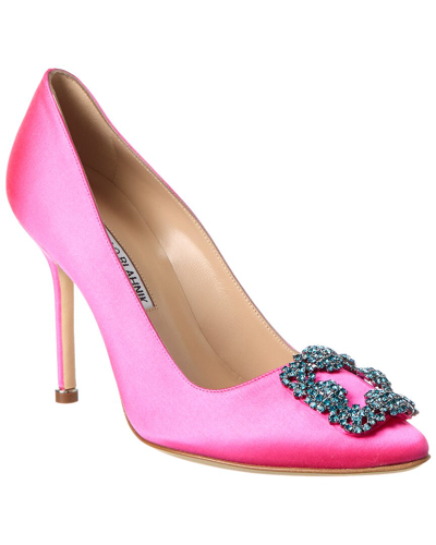 Manolo Blahnik Womens Fuchsia Hangisi Crystal-embellished Satin Heeled Courts In Pink