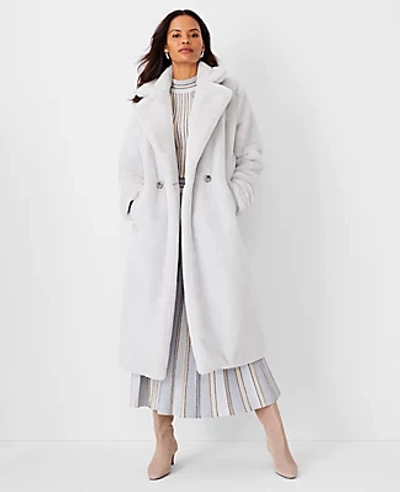 Ann Taylor Petite Faux Fur Double Breasted Coat In Manhattan Mist