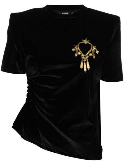 Amen Bead-embellished Velvet T-shirt In Nero