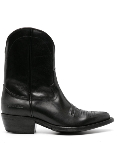 Dsquared2 Low Cowboy Leather Boots In Nero