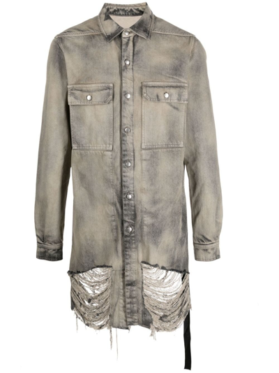 Rick Owens Frayed Denim Overshirt In Grey