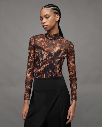 Allsaints Elia Spark Printed Mesh Bodysuit In Brown