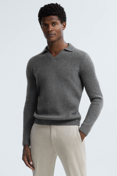 Atelier Charcoal Melange Laird  Cashmere Ribbed Open-collar Top