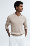 Atelier Oatmeal Melange Laird  Cashmere Ribbed Open-collar Top