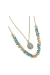A BLONDE AND HER BAG GOLD TWO-STRAND NECKLACE WITH TURQUOISE AND PEARL BEADS AND WHITE DRUZY PENDANT