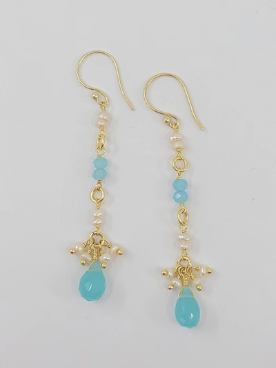 A Blonde And Her Bag Drop Earrings With Pearl Cluster And Chalcedony Drop In Gold