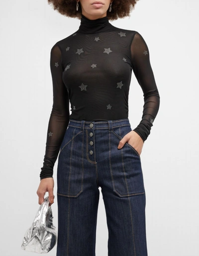 Cinq À Sept Women Star Shirred Mesh Turtleneck Top In Black