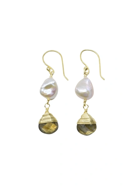 A Blonde And Her Bag Pearl Earring With Hand Wrapped Labradorite Earring In Gold