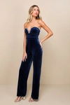 Lulus Fabulous Instinct Dark Blue Velvet Pearl Strapless Jumpsuit In Dark Blue
