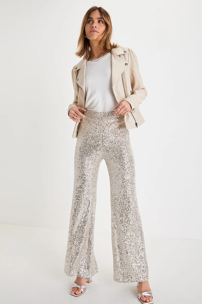 Lulus Sparkly Session Beige Sequin High Rise Wide-leg Trousers