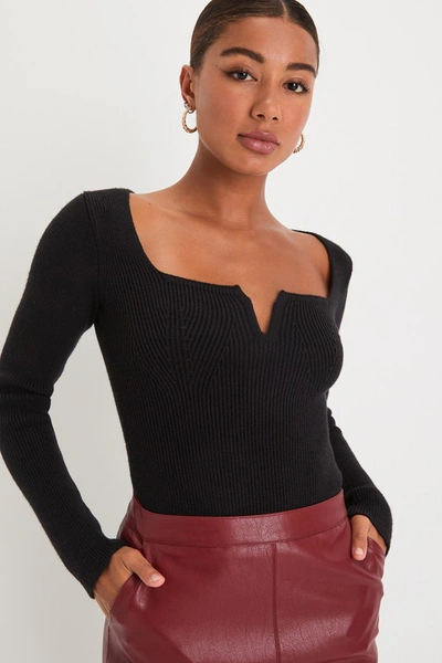 Lulus Powerful Charm Black Ribbed Notched Long Sleeve Top